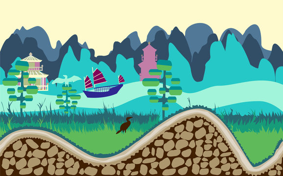 Cartoon Nature Landscape With River, Trees, Road And Mountains Game Style