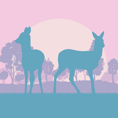 Roe deer in forest field with sunset and trees vector background