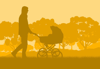 Naklejka na ściany i meble Father with baby cart in park walking vector