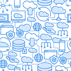 Cloud computing technology seamless pattern with thin line icons related to hosting, server storage, cloud management, data security, mobile and desktop memory. Vector illustration.