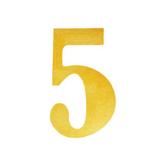 Gold number five isolated over white background. Digital 5 painted with gold paint.