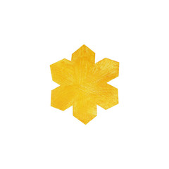 Snowflake painted with decorative brilliant, golden paint. Christmas symbol on isolated white background. Golden brush stroke. Christmas gold glitter elements.