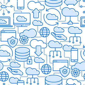 Cloud computing technology seamless pattern with thin line icons related to hosting, server storage, cloud management, data security, mobile and desktop memory. Vector illustration.