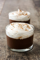Chocolate mousse on wooden table. Copyspace.

