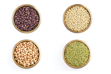 Beans variety,peanut,red beans with soybeans and mung bean in wooden bowl isolated on white background ,top view