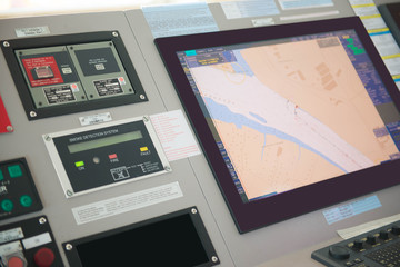 Control panel ship's radar map at the bridge. - obrazy, fototapety, plakaty