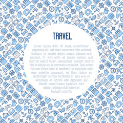 Travel and vacation concept with thin line icons: plane, tickets, hotel, sights and place for text. Vector illustration for banner, web page, print media.