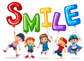 Happy children and balloons for word smile