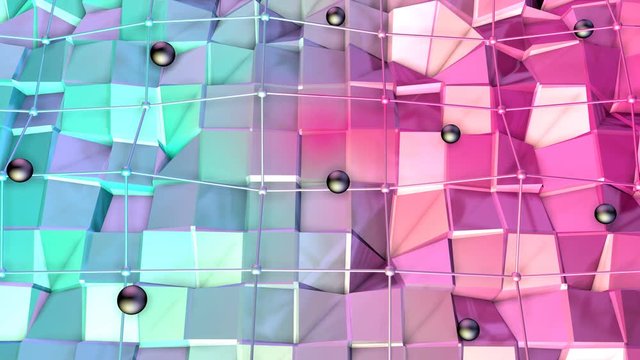 Low poly 3D surface with flying grid or mesh and black spheres as environment. Soft geometric low poly background of pure blue pink red polygons. 4K Fullhd seamless loop background
