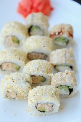 Delicious sushi with sesame Japanese food view 