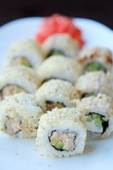 Delicious sushi with sesame Japanese food view 