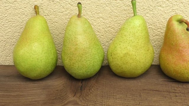 Pear autumn harvest. Fresh organic pears on wooden plank. 
