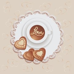 Chocolate hearts and hot chocolate on a napkin. Chocolate candies. Vector illustration. Beige background. Design with lace fabric, wrap, greeting, greeting, printing on fabric or paper.