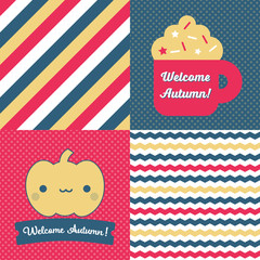 Set of Fall inspired Patterns and posters. Collection of 2 vector seamless patterns and 2 Autumn themed posters, they both read Welcome Autumn, one has a pumpkin on it, and the other one a coffee mug.