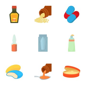 Medicament icons set, cartoon style