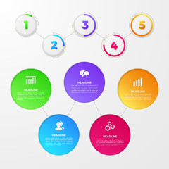 Infographic with colored numbers of steps on circles, icons of team, clock, date. Vector template for annual report, diagram and workflow chart. Timeline layout with 5 options for work process design.