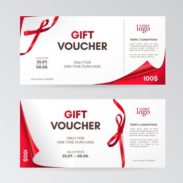 Vector set of modern gift vouchers with curved corners, red small bows and ribbons. Layout for gift cards, coupons and certificates. Isolated from the background.