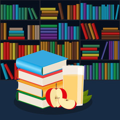 stack of books and Apple juice on the background of the bookcase. Vector.