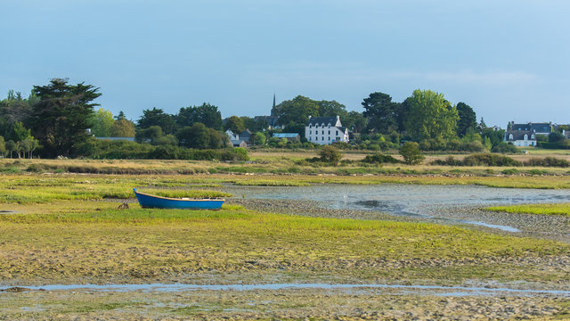 Beautiful panorama in Brittany in low tide, Arz island in Morbihan

