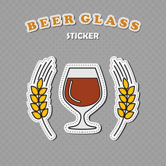 Snifter beer glass and two wheat spikes stickers, beer logo, vector illustration