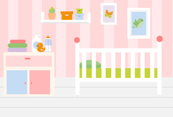Nursery room interior. Apartment in pink colors and white furniture. Baby girl bedroom design with bed, shelves, toys. Vector illustration.