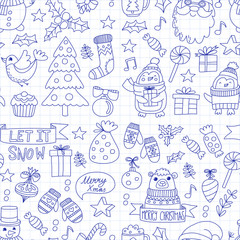 Christmas Xmas New year Vector doodle set of icons with Santa Claus, penguin, snowman, bear, presents, christmas decoration Seamless pattern