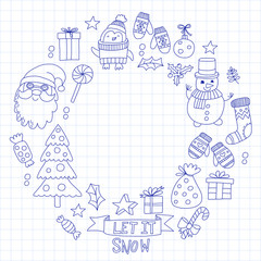 Fototapeta premium Christmas Xmas New year Vector doodle set of icons with Santa Claus, penguin, snowman, bear, presents, christmas decoration