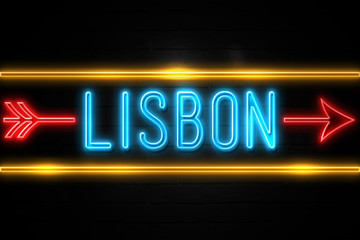 Lisbon  - fluorescent Neon Sign on brickwall Front view