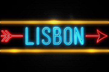 Obraz premium Lisbon - fluorescent Neon Sign on brickwall Front view
