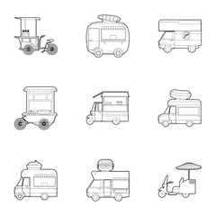 Street food truck icons set, outline style