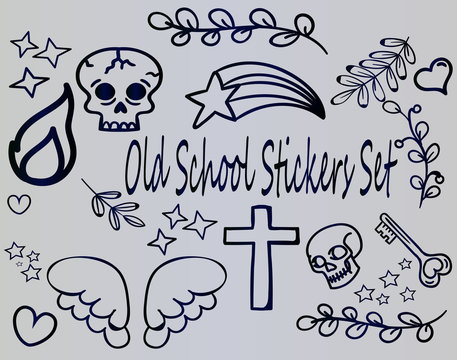 Stylish and fashionable old school stickers. Youth idea of tattoo. Large selection of popular thumbnails