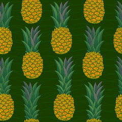 Vector seamless pattern with pineapples on a green background.
