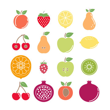 Flat vector fruit icon set isolated on white background