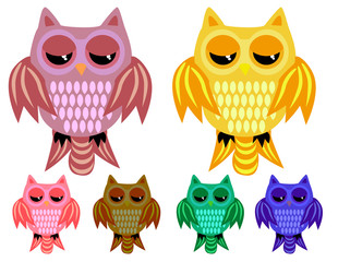 a set of six half-asleep owls with half-closed eyes with ornamented wings and tails in different color variations
