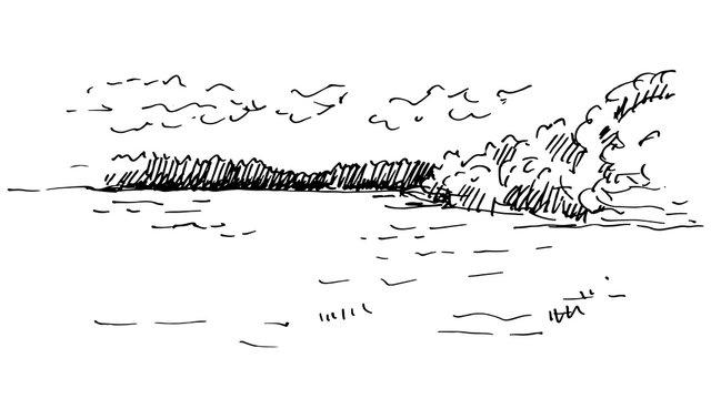 Hand drawn landscape with lake and forest. Sketch, vector illustration.