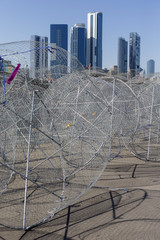 Fishing nets with the view of Abu Dhabi. Fishing harbor.