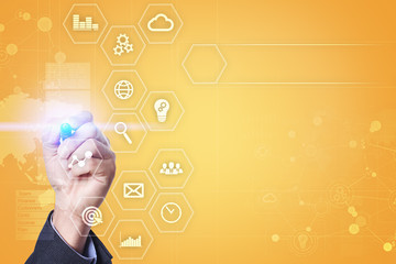 Business and technology concept. Graphs and icons on virtual screen.