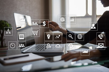 Virtual screen interface with applications icons. APPS. Work Business process in modern office....