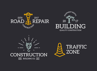 Set of retro vintage construction, traffic cone, crane hook, jackhammer logo or insignia, emblems, labels and badges and other branding objects. Vector line style