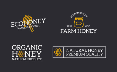Set of retro vintage honey and bee, honeycomb, dipper logo or insignia, emblems, labels and badges and other branding objects. Vector line style