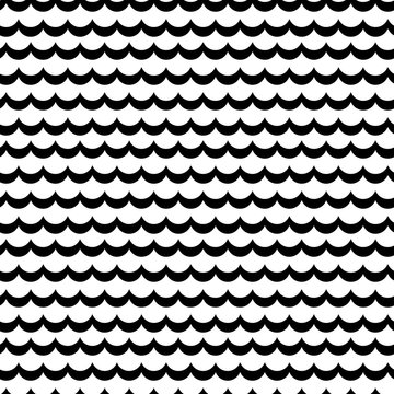 Abstract sea wave frill black and white vector pattern. Simple scale rows repeating background.