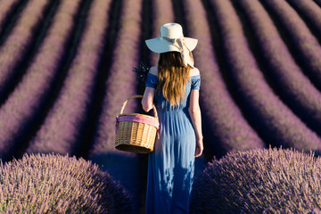 Girl in a white hat with a basket walking through lavender fields