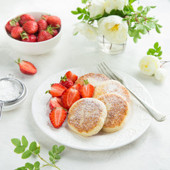 cottage cheese pancakes with fresh strawberry for breakfast