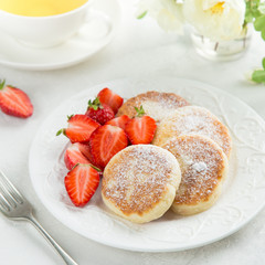 cottage cheese pancakes with fresh strawberry for breakfast