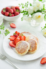 cottage cheese pancakes with fresh strawberry for breakfast