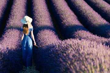 Girl in a white hat with a basket walking through lavender fields