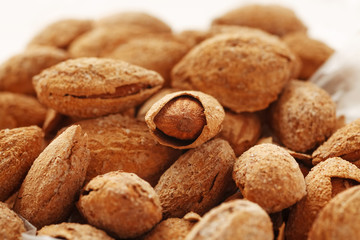 Pile of raw almond in shell, closeup shot