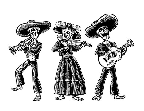 Day of the Dead, Dia de los Muertos . The skeleton in the Mexican national costumes dance, sing and play the guitar, violin, trumpet
