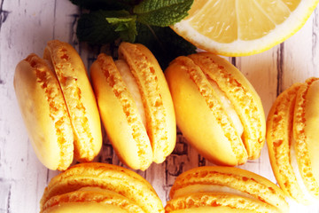 Sweet and colourful french macaroons or macaron with lemon