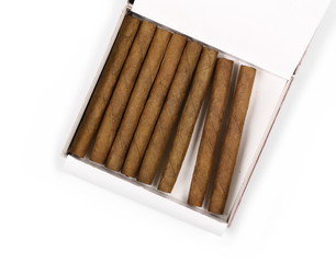 Cigarillos without filter in box isolated over white background, top view
